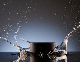empty black podium mockup with water splash on a black gradient background for product display photo