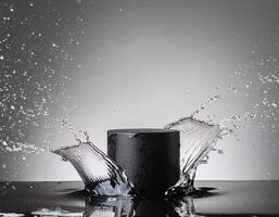 empty black podium mockup with water splash on a grey gradient background for product display photo