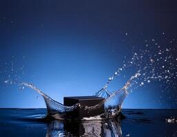 empty black podium mockup with water splash on a blue gradient background for product display photo