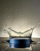 empty blue podium mockup with water splash on a gradient background for product display photo
