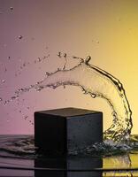 empty black podium mockup with water splash on a pink and yellow gradient background for product display photo