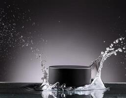 empty black podium mockup with water splash on a grey gradient background for product display photo