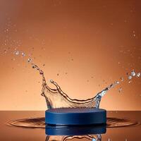 empty blue podium mockup with water splash on a gradient background for product display photo