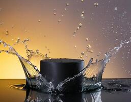 empty black podium mockup with water splash on a orange gradient background for product display photo