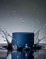 empty blue podium mockup with water splash on a gradient background for product display photo