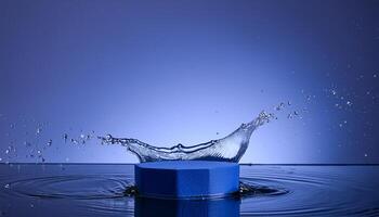 empty blue podium mockup with water splash on a gradient background for product display photo