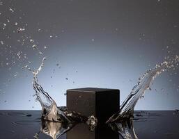 empty black podium mockup with water splash on a grey gradient background for product display photo