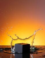 empty black podium mockup with water splash on a orange gradient background for product display photo