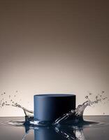 empty blue podium mockup with water splash on a gradient background for product display photo