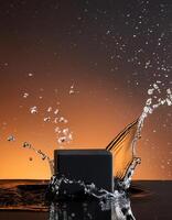 empty black podium mockup with water splash on a orange gradient background for product display photo