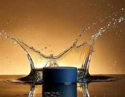 empty blue podium mockup with water splash on a gradient background for product display photo