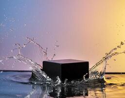 empty black podium mockup with water splash on a yellow and purple gradient background for product display photo