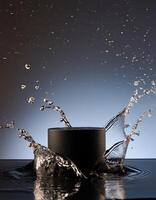 empty black podium mockup with water splash on a grey gradient background for product display photo