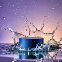 empty blue podium mockup with water splash on a gradient background for product display photo