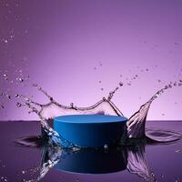 empty blue podium mockup with water splash on a gradient background for product display photo