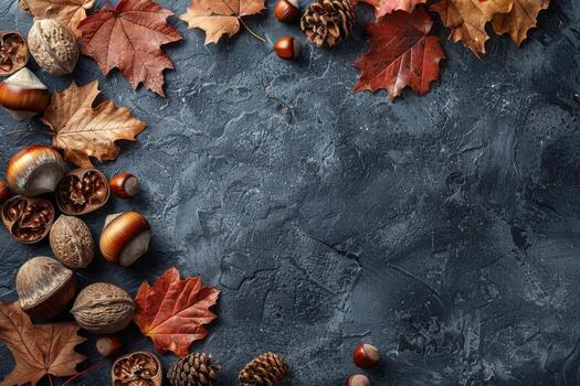 Assorted Nuts and Leaves on Slate Surface During Autumn Season photo