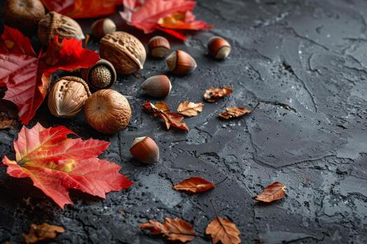Assorted Nuts and Leaves on Slate Surface During Autumn Season photo