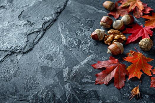 Assorted Nuts and Leaves on Slate Surface During Autumn Season photo