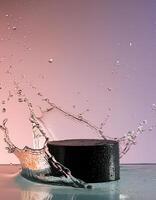 empty black podium mockup with water splash on a pink and purple gradient background for product display photo
