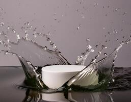 empty podium mockup with water splash on a grey gradient background for product display photo
