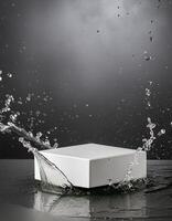 empty podium mockup with water splash on a grey gradient background for product display photo