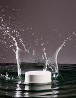 empty podium mockup with water splash on a grey gradient background for product display photo
