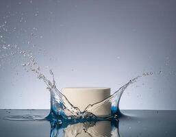 empty podium mockup with water splash on a grey gradient background for product display photo
