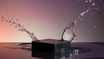 empty podium mockup with water splash on a orange gradient background for product display photo