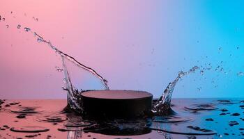 empty podium mockup with water splash on a pink and blue gradient background for product display photo
