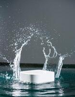 empty podium mockup with water splash on a grey gradient background for product display photo