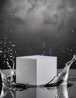 empty podium mockup with water splash on a grey gradient background for product display photo