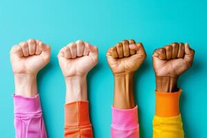 Fists Raised In Unity Against Black Background photo