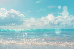 Blurred background of a beautiful beach with a blue sky and white clouds. photo