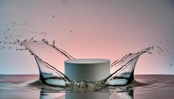 empty podium mockup with water splash on a pink and light blue gradient background for product display photo