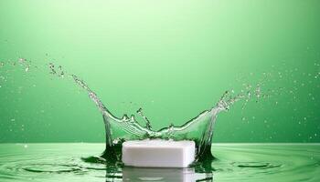 empty podium mockup with water splash on a green gradient background for product display photo