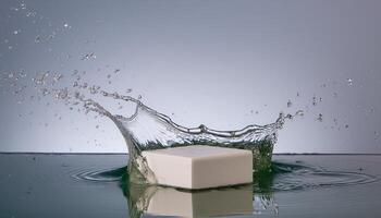 empty podium mockup with water splash on a grey and yellow gradient background for product display photo