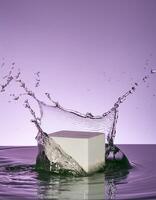 empty podium mockup with water splash on a purple gradient background for product display photo