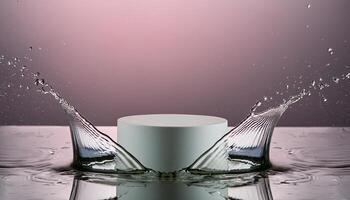 empty podium mockup with water splash on a pink gradient background for product display photo