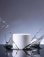 empty podium mockup with water splash on a grey gradient background for product display photo