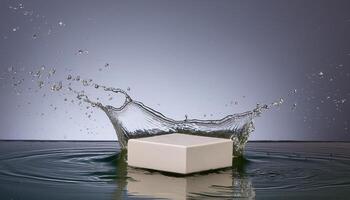 empty podium mockup with water splash on a grey and yellow gradient background for product display photo