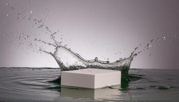 empty podium mockup with water splash on a grey and yellow gradient background for product display photo