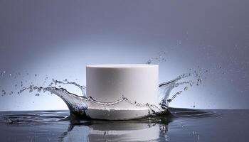 empty podium mockup with water splash on a grey and yellow gradient background for product display photo