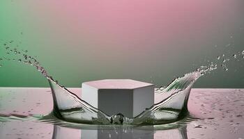 empty podium mockup with water splash on a pink and green gradient background for product display photo