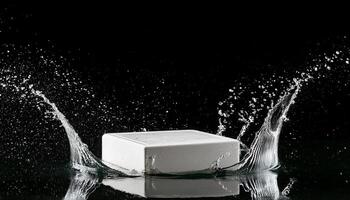 empty podium mockup with water splash on a black gradient background for product display photo