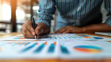 Close up of a businessman's hand holding a pen working with a financial chart and data on a desk in an office. photo