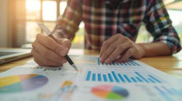Close up of a businessman's hand holding a pen working with a financial chart and data on a desk in an office. photo