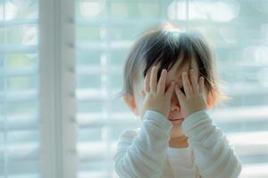 Cute Asian baby covers her eyes with both hands. photo