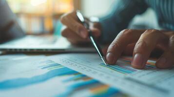 Close up of a businessman's hand holding a pen working with a financial chart and data on a desk in an office. photo