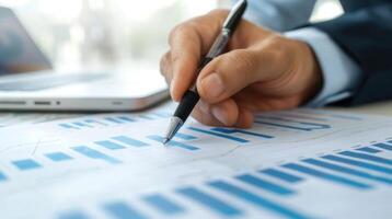 Close up of a businessman's hand holding a pen working with a financial chart and data on a desk in an office. photo