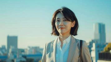 Young business woman standing with a cityscape background. photo